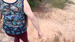 stepmom flashes huge pussy lips and tits in forest for stepson