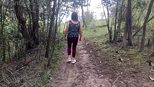 stepmom flashes huge pussy lips and tits in forest for stepson