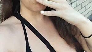 kelly kendricks' huge cleavage tits burst out while smoking cigarette outdoors in sun!