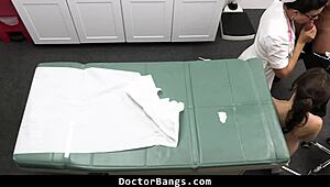 shy teen patient begs doctor and milf nurse for threesome creampie after bent over exam