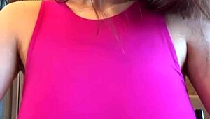 stepmother pulls down top to suck her own big milky natural tits hungrily 