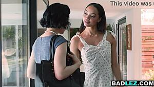 Slender ebony realtor straps on dildo to fuck busty blonde milf client hard