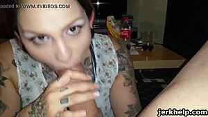Slutty tattooed girlfriend deepthroats monster cock POV swallows cum