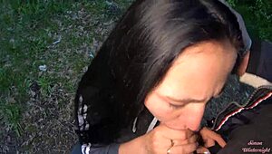 Young Brunette Teen Sucks Huge Cock in Evening Park