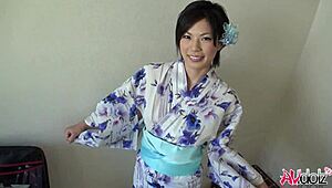 Japanese kimono beauty kneels outdoors sucking cock to orgasm uncensored
