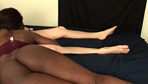 Young ebony amateur enjoys interracial session bent over with creampie finish