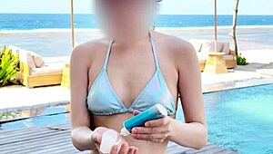 Blue Bikini Clings to Japanese Student's Tiny Tits and Slim Waist