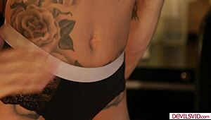 Tattooed babe teases shop owner before intense banging session