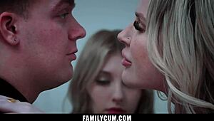 stepsiblings get naughty threesome lessons from busty stepmom