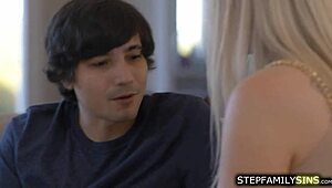 Big tits blonde stepmom seduces young stepson into pussy licking and fucking!