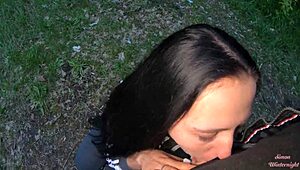 Young Brunette Teen Sucks Huge Cock in Evening Park