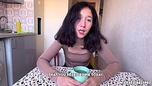 step-aunt's tight pussy squirts when i finger her deep in the kitchen after her trip