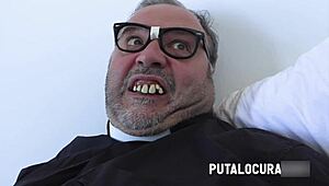 Busty student Quetzal gulps down Padre Damian's thick load