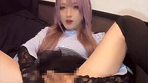 Pink haired crossdresser shoves vibe deep into tight asshole masturbating wildly