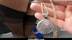 Security officer catches burglar milf hiding necklace in pussy and punishes her hard